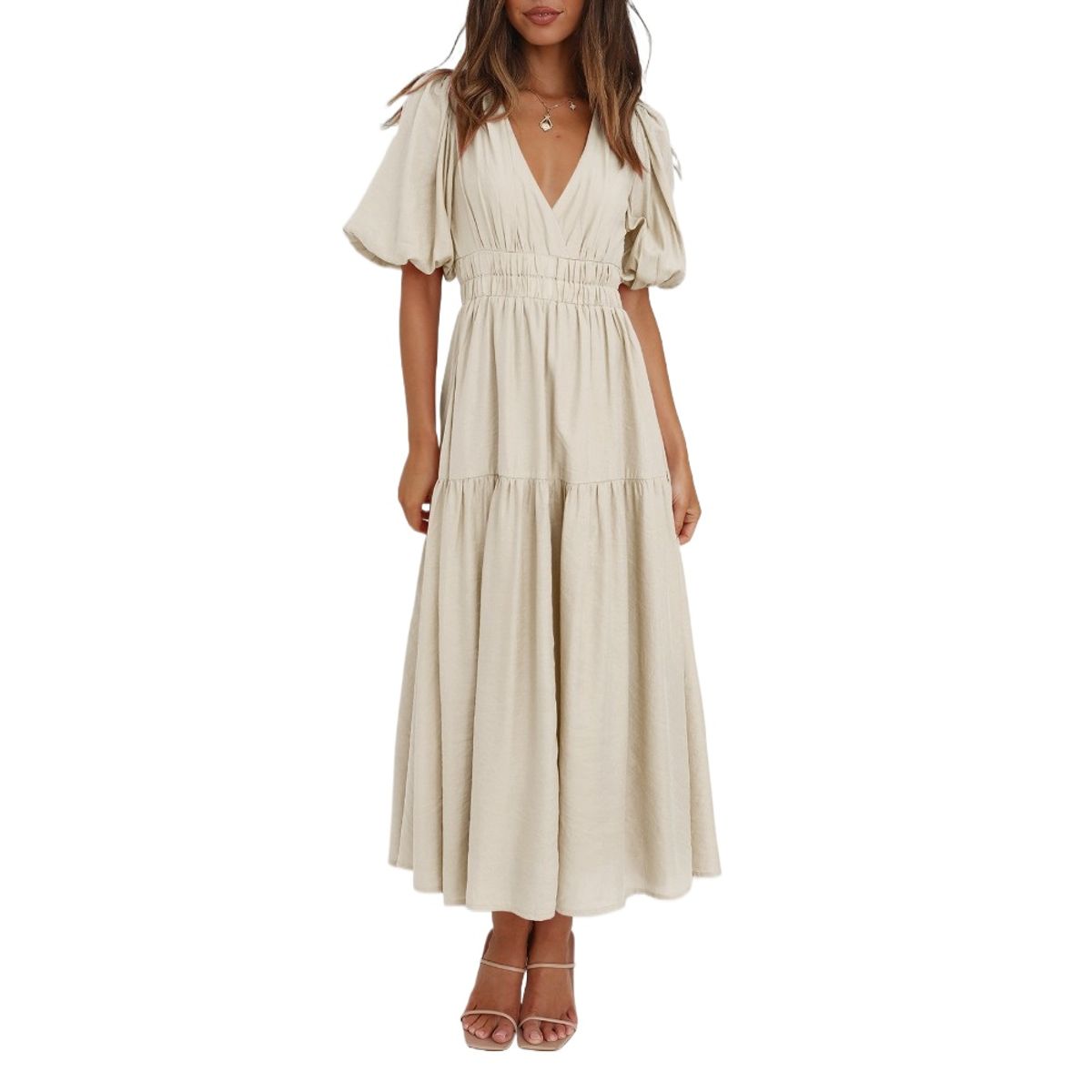 GIOIO - Vestido Premium Escote V Profundo Manga Globo Vacaciones​ Beige