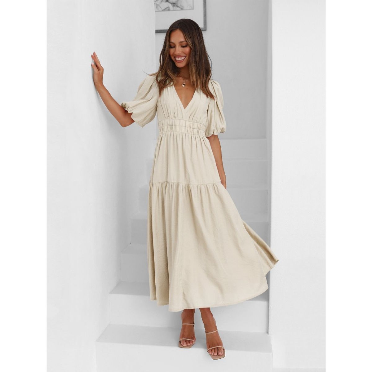 GIOIO - Vestido Premium Escote V Profundo Manga Globo Vacaciones​ Beige