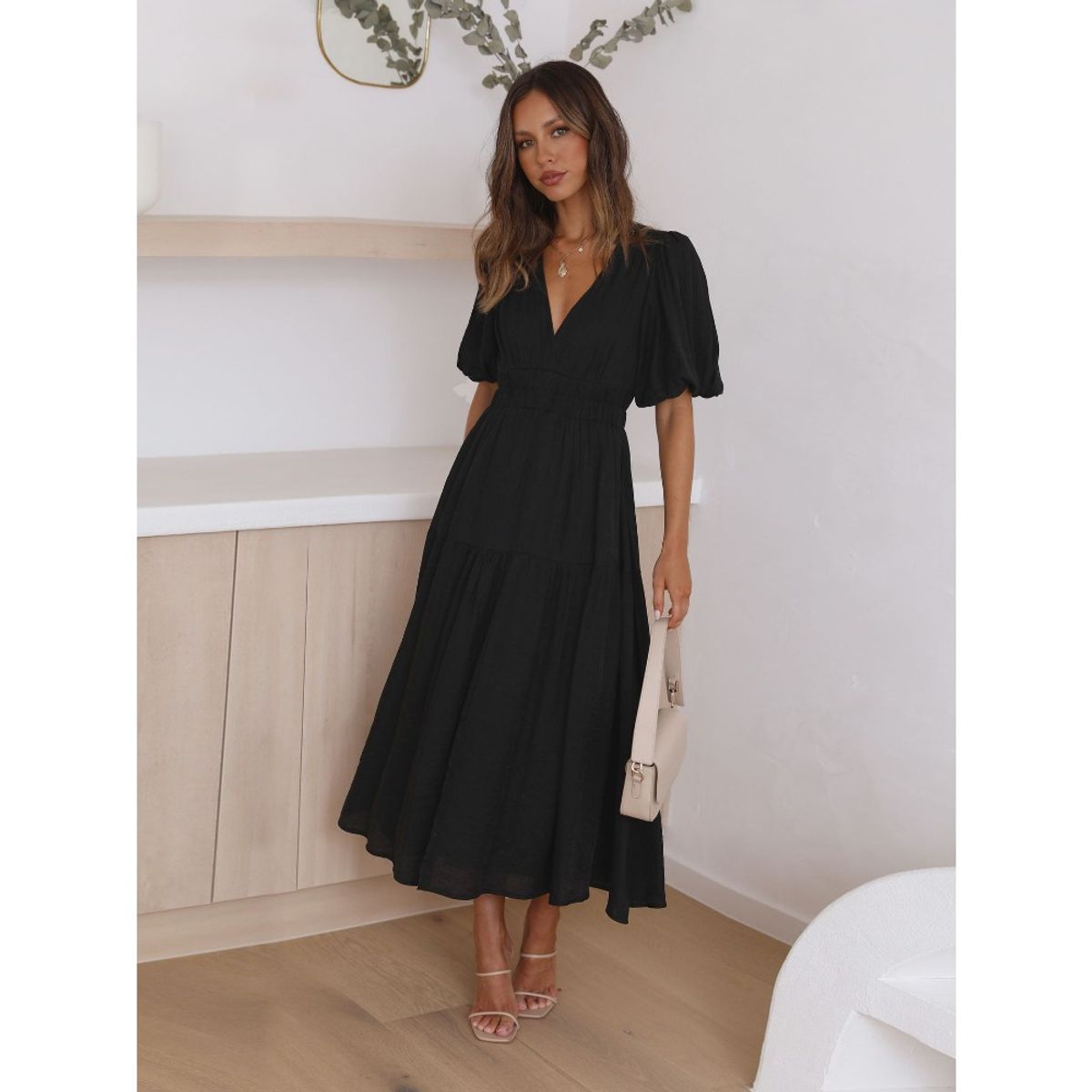 GIOIO - Vestido Premium Escote V Profundo Manga Globo Vacaciones​ Negro