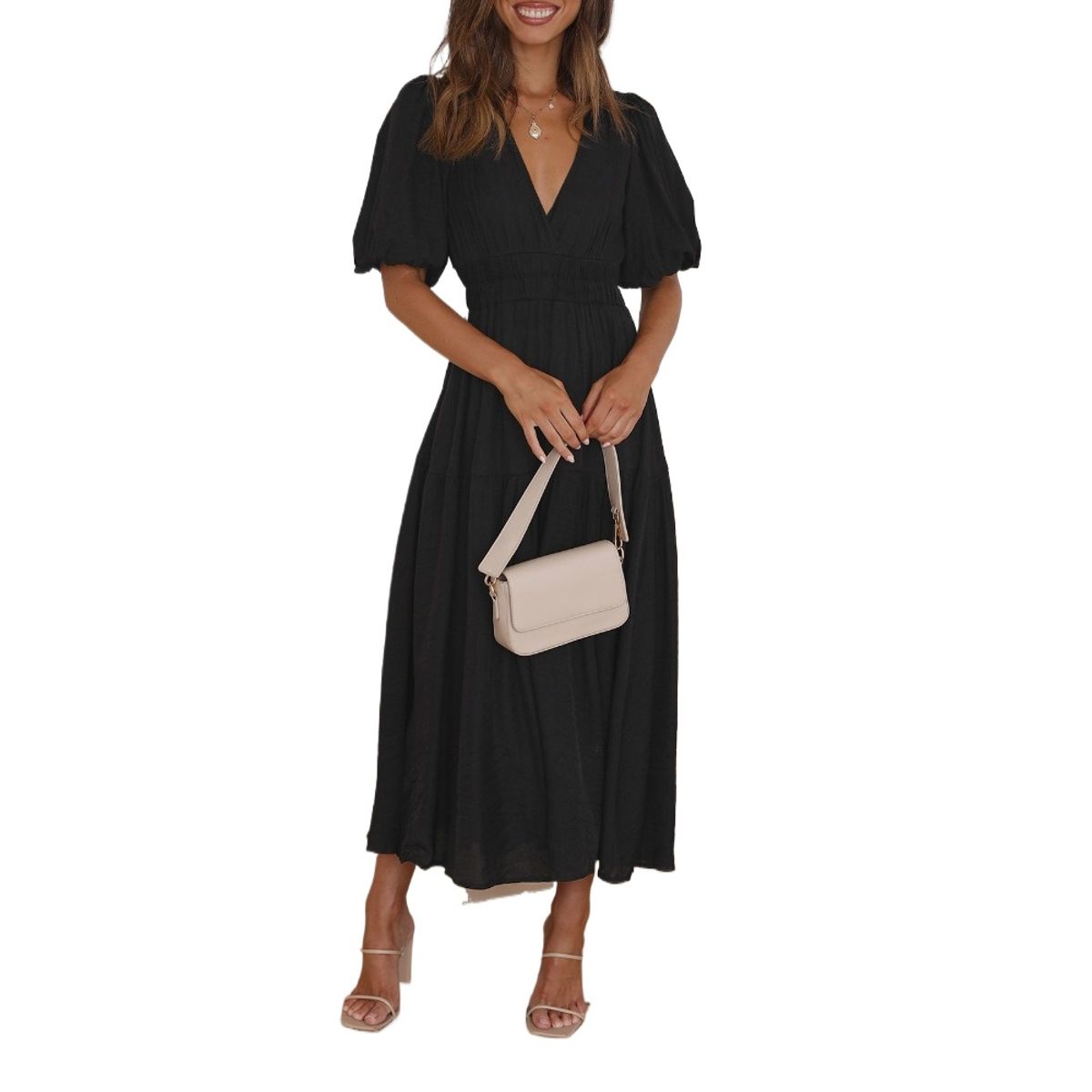 GIOIO - Vestido Premium Escote V Profundo Manga Globo Vacaciones​ Negro