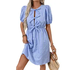 GIOIO - Vestido Rayas Retro Cuello Redondo Lazo Elegante Estilo Occidental​