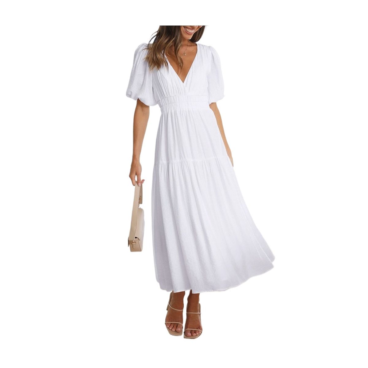 GIOIO - Vestido Premium Escote V Profundo Manga Globo Vacaciones​ Blanco