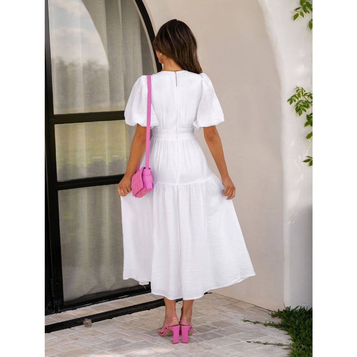GIOIO - Vestido Premium Escote V Profundo Manga Globo Vacaciones​ Blanco
