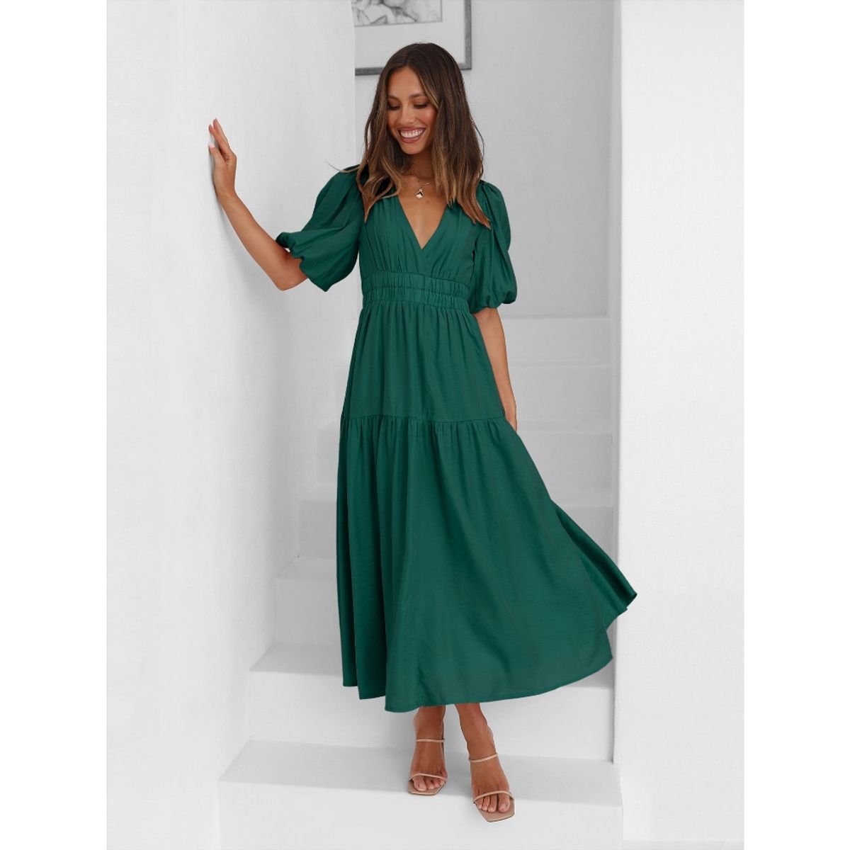 GIOIO - Vestido Premium Escote V Profundo Manga Globo Vacaciones​ Verde