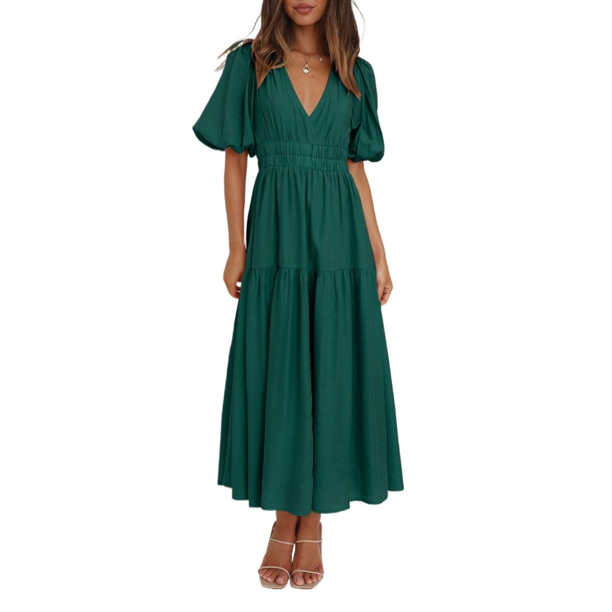 GIOIO - Vestido Premium Escote V Profundo Manga Globo Vacaciones​ Verde