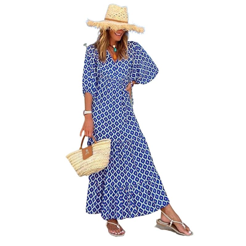GIOIO - Vestido Floral Fluido Urbano Figura Esbelta Largo​ Azul