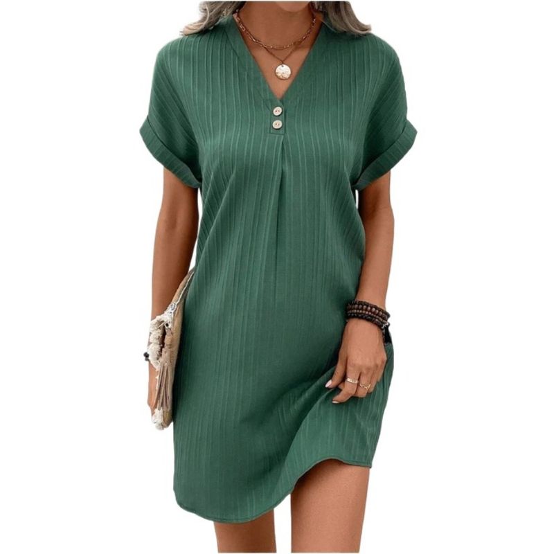 GIOIO - Vestido Escote V Liso Manga Larga Cómodo Urbano Botones Diseñador​