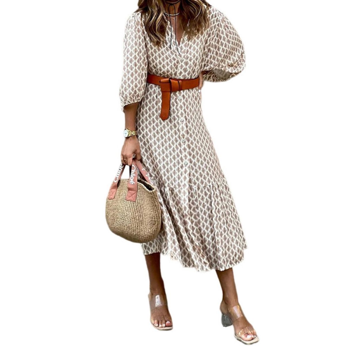 GIOIO - Vestido Largo Estampado Escote V Cinturón Elegante Minimalista Urbano​