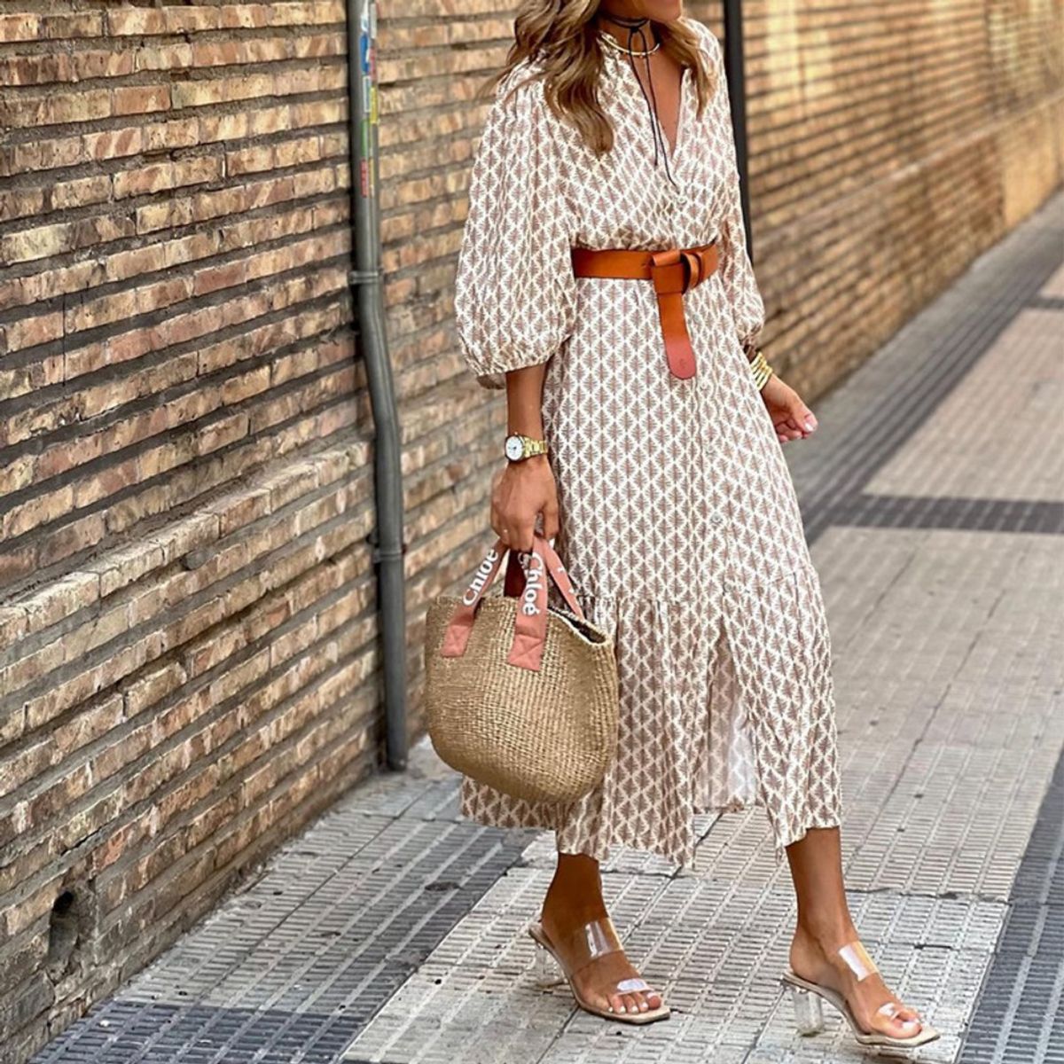 GIOIO - Vestido Largo Estampado Escote V Cinturón Elegante Minimalista Urbano​