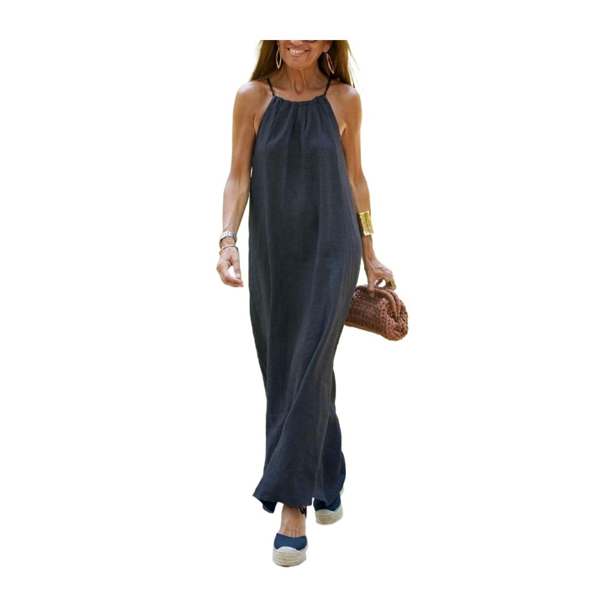 GIOIO - Vestido Vacaciones Halter Abertura Lino Yute Figura Esbelta​