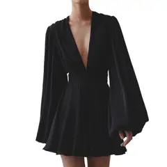 GIOIO - Vestido Francés Manga Globo Talle Alto Escote V Figura Esbelta​ Negro