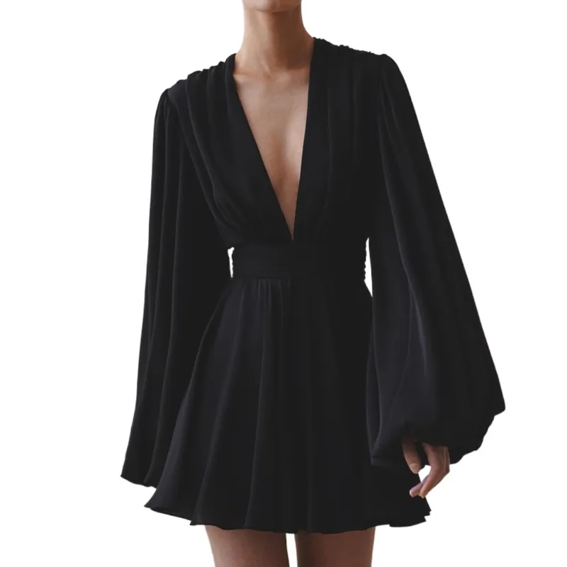 GIOIO - Vestido Francés Manga Globo Talle Alto Escote V Figura Esbelta​ Negro