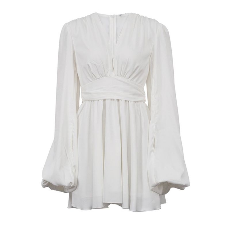 GIOIO - Vestido Francés Manga Globo Talle Alto Escote V Figura Esbelta​