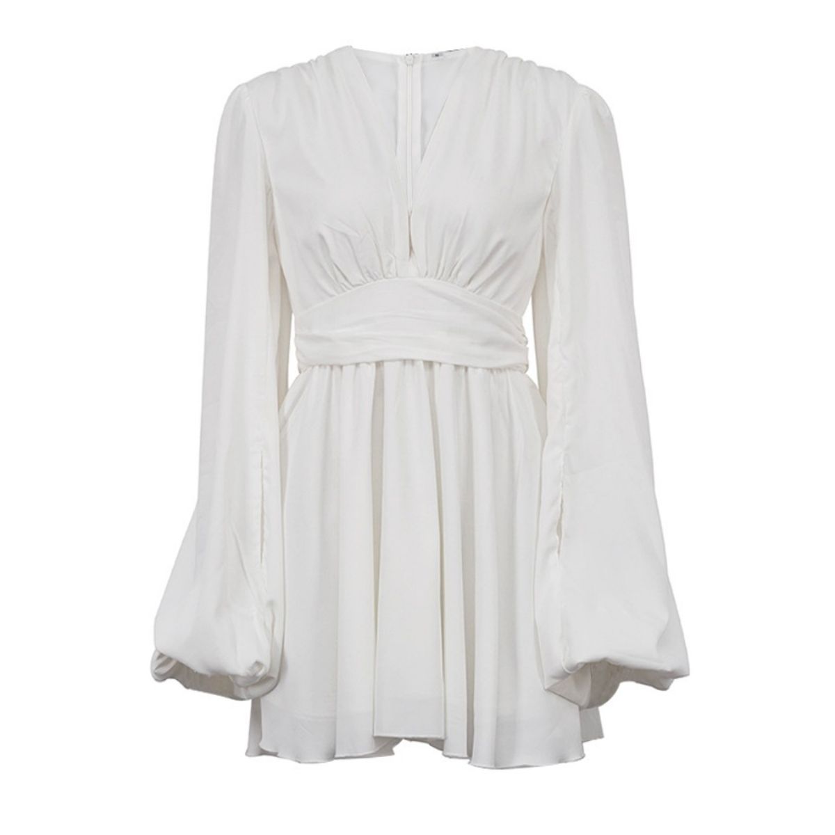 GIOIO - Vestido Francés Manga Globo Talle Alto Escote V Figura Esbelta​