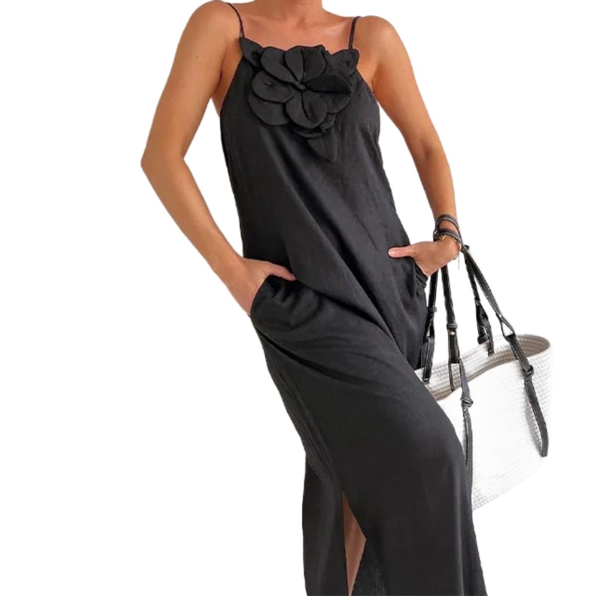 GIOIO - Vestido Tirantes Flores 3D Lino Yute Sin Mangas Figura Esbelta​ Negro