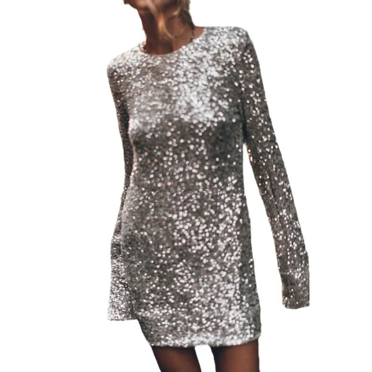 GIOIO - Vestido Lentejuelas Manga Larga Sinuoso Casual Figura Esbelta​