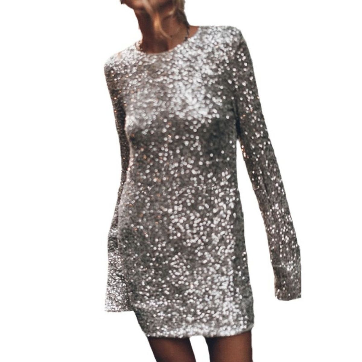 GIOIO - Vestido Lentejuelas Manga Larga Sinuoso Casual Figura Esbelta​
