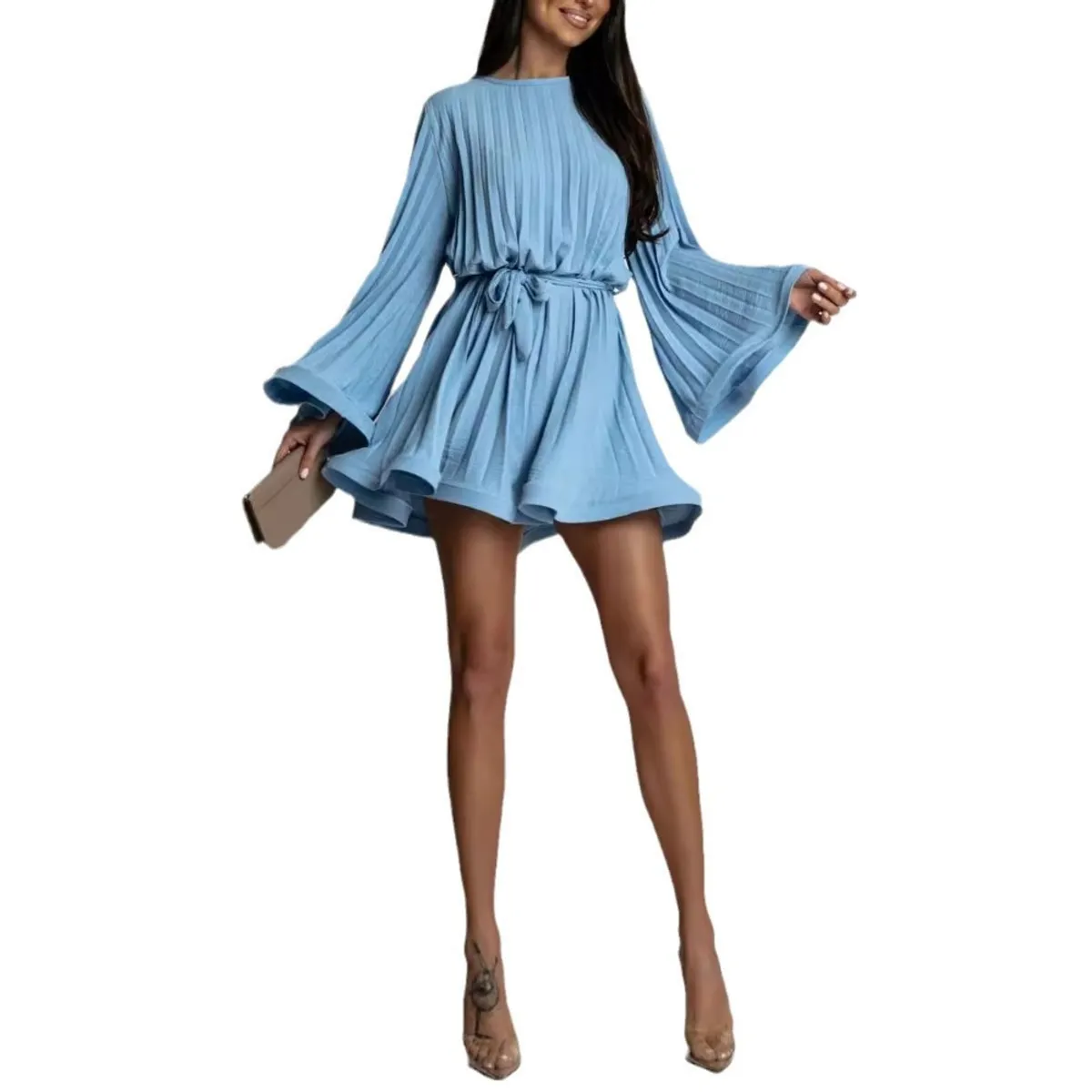 GIOIO - Vestido Corto Diseñador Fluido Ajuste Envolvente Pliegues Figura