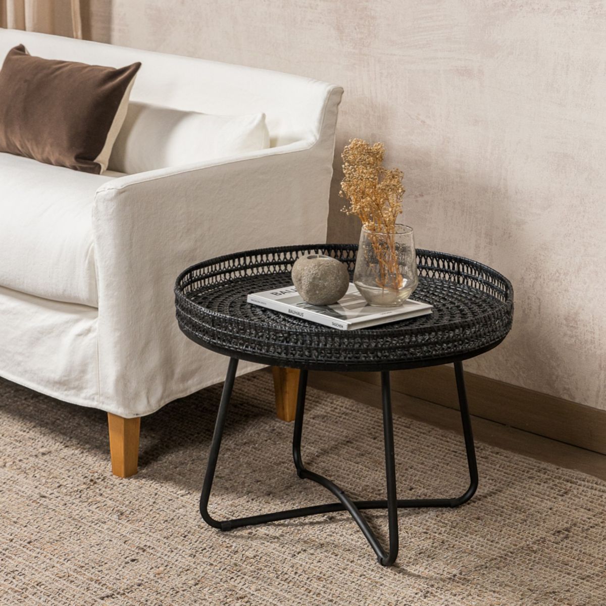 AMOBLE - Mesa Rattan Metal Negro Amoblé