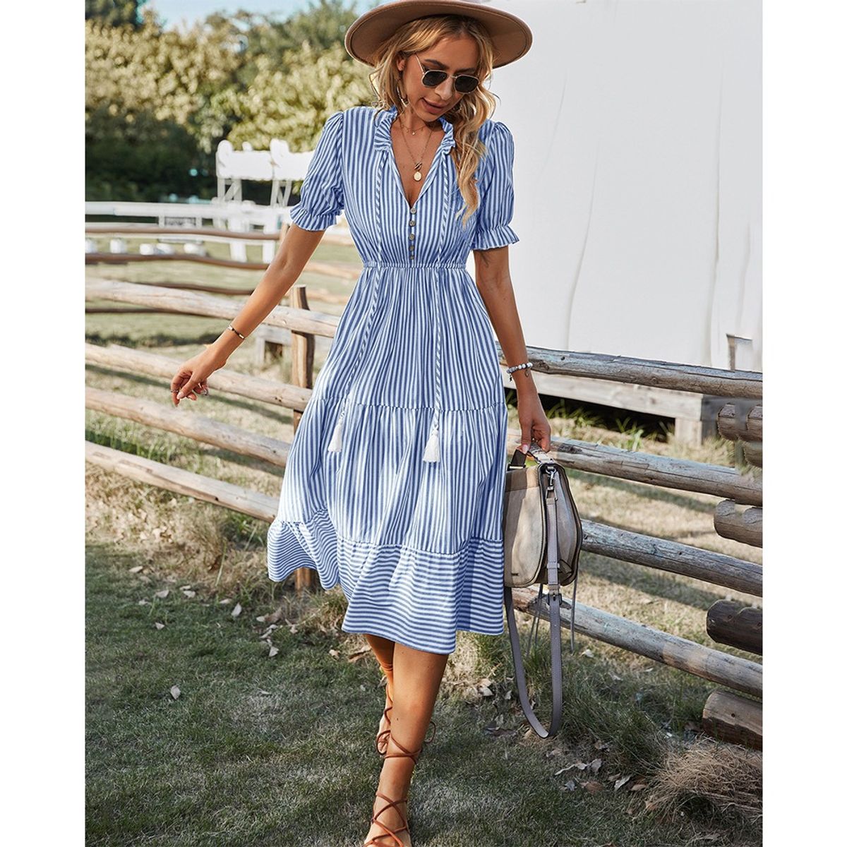 GIOIO - Vestido Rayas Diseñador Figura Esbelta Urbano Elegante​ Azul