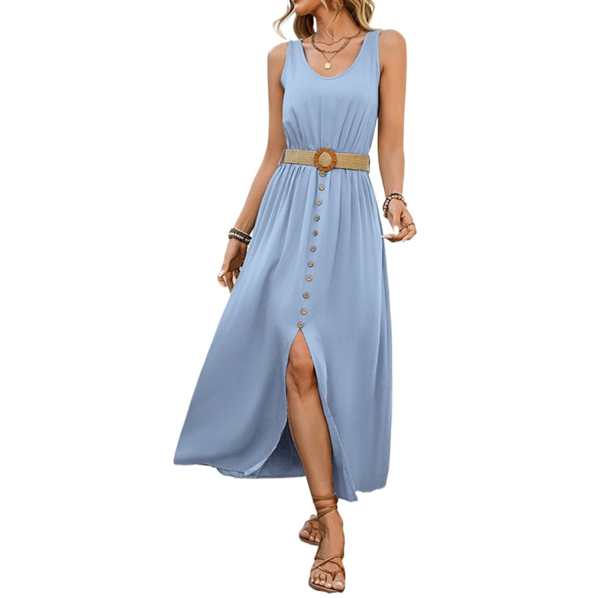 GIOIO - Vestido Playa Sin Mangas Escote V Liso Abertura Con Cinturón Casual​