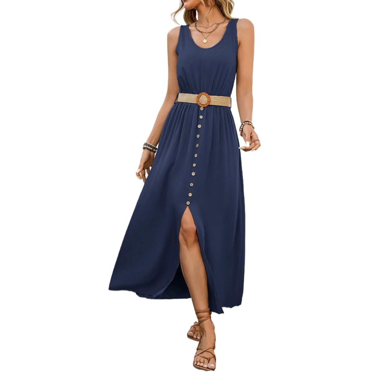 GIOIO - Vestido Playa Sin Mangas Escote V Liso Abertura Con Cinturón Casual​