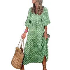 GIOIO - Vestido Floral Fluido Urbano Figura Esbelta Largo​ Verde