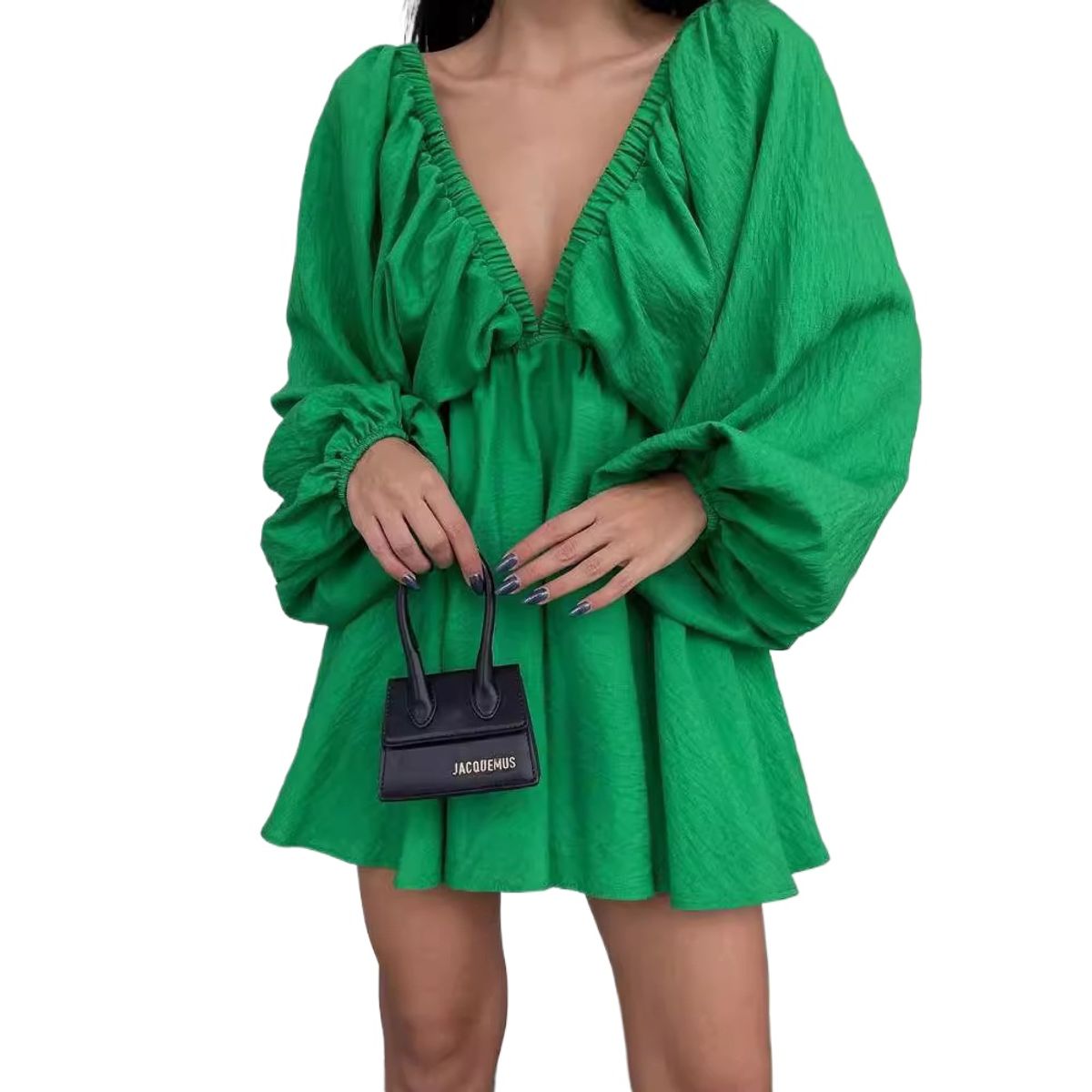 GIOIO - Vestido Escote V Manga Globo Larga Voluminoso Diseñador​ Verde