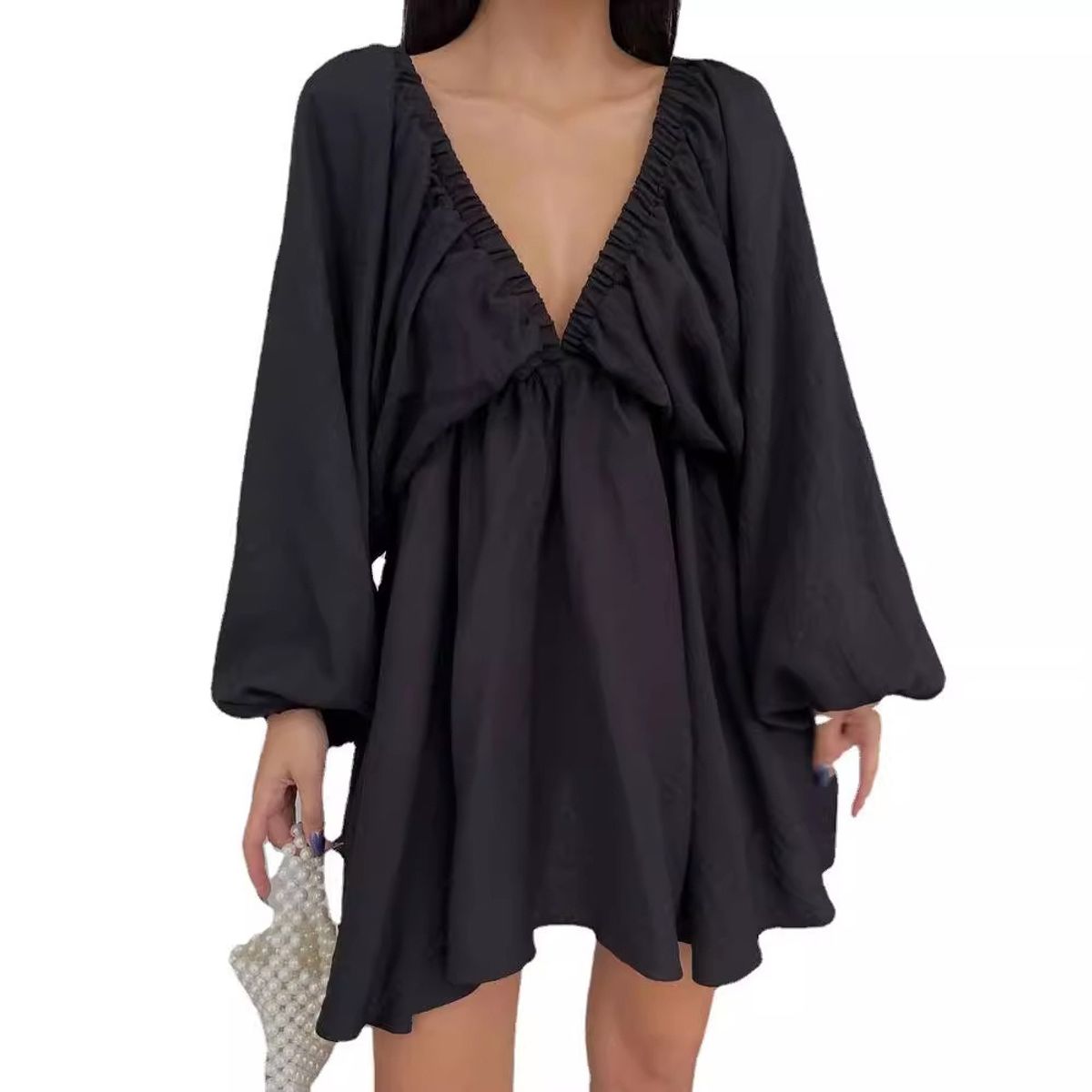 GIOIO - Vestido Escote V Manga Globo Larga Voluminoso Diseñador​ Negro