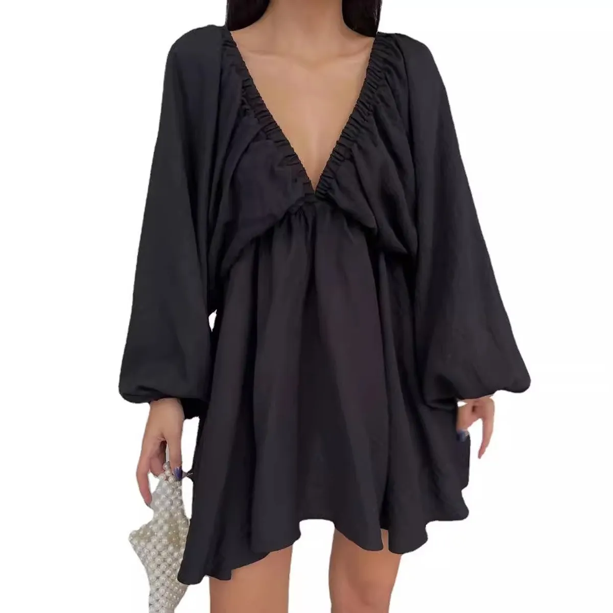 GIOIO - Vestido Escote V Manga Globo Larga Voluminoso Diseñador​ Negro