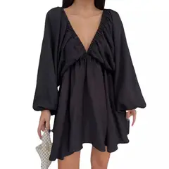GIOIO - Vestido Escote V Manga Globo Larga Voluminoso Diseñador​ Negro