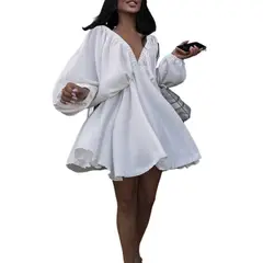 GIOIO - Vestido Escote V Manga Globo Larga Voluminoso Diseñador​ Blanco