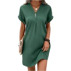 GIOIO - Vestido Escote V Liso Manga Larga Cómodo Urbano Botones Diseñador​