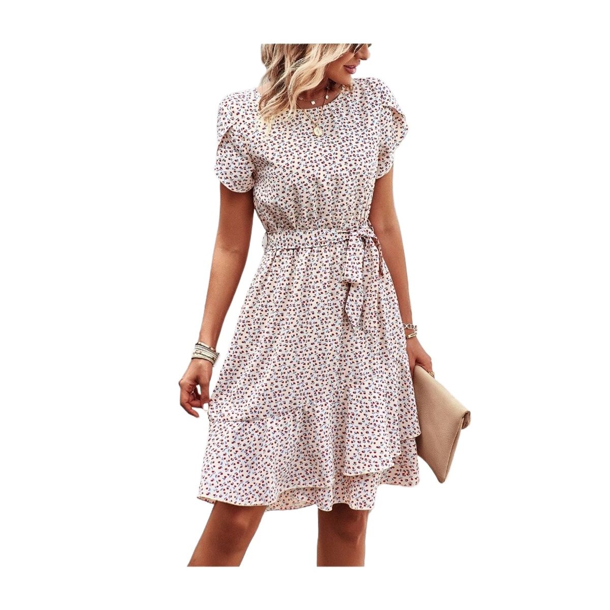 GIOIO - Vestido Elegante Cuello Redondo Lazos Ajustables Casual Figura Esbelta