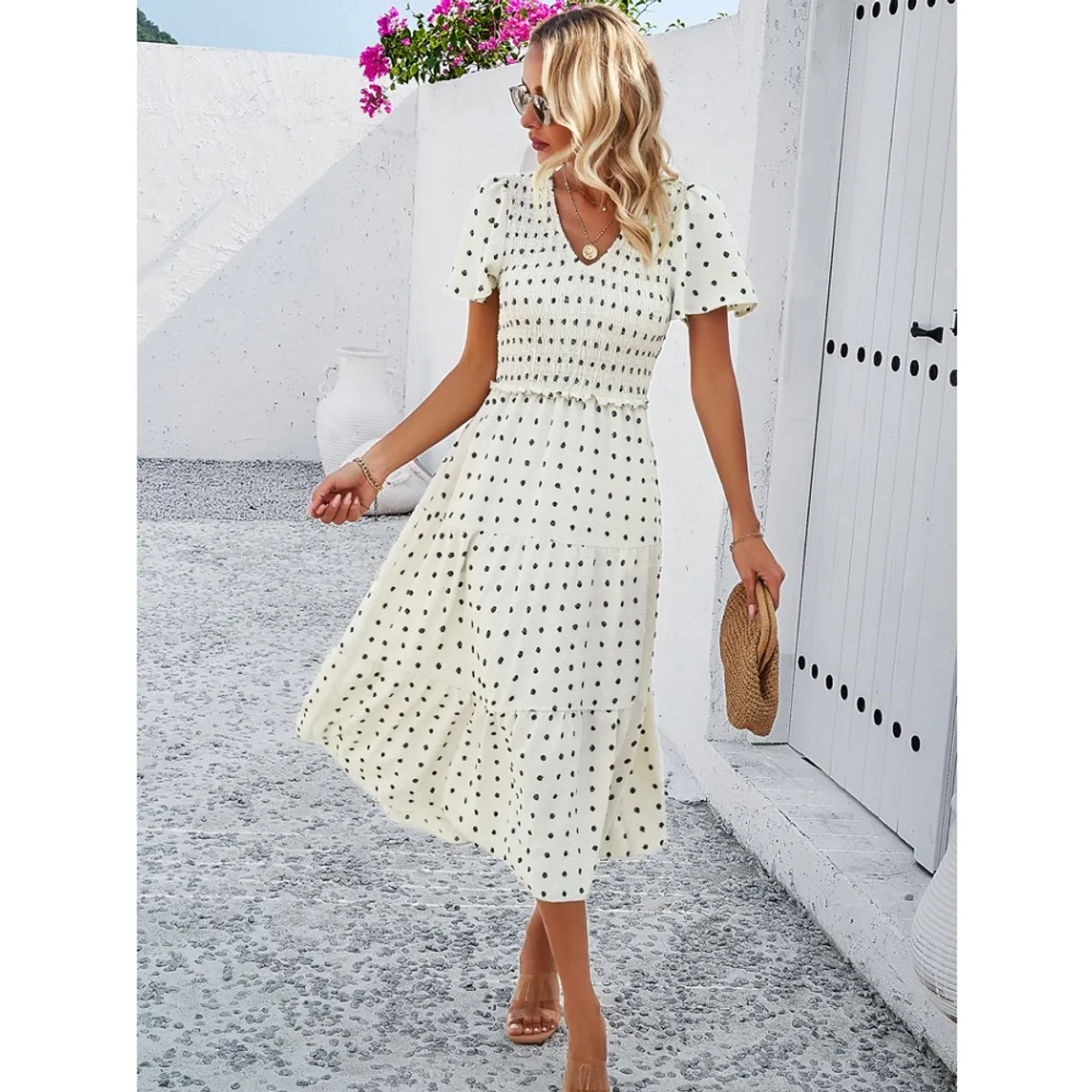 GIOIO - Vestido Lunares Escote V Manga Corta Casual Elegante Figura Esbelta​