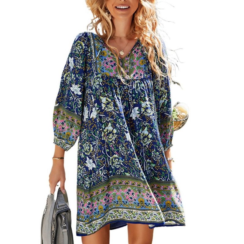 GIOIO - Vestido Vacaciones Estampado Escote V Casual Figura Esbelta​ Azul