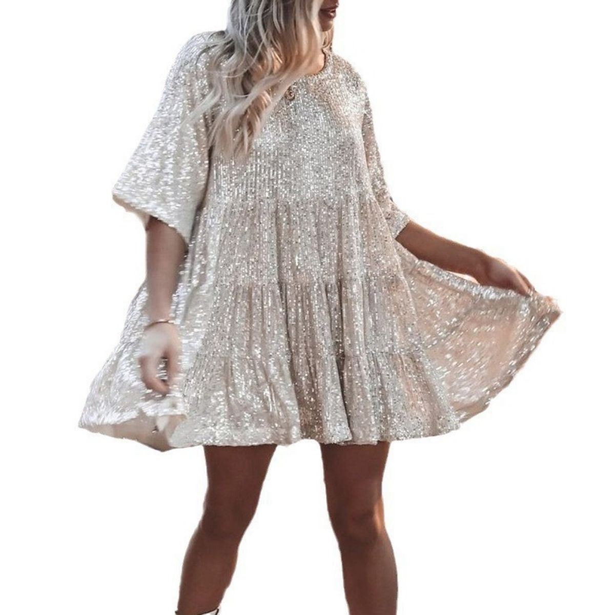 GIOIO - Vestido Lentejuelas Cuello Redondo Fluido Manga Corta Urbano​ Blanco