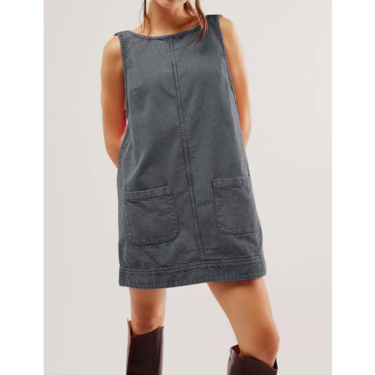 GIOIO - Vestido Pana Sin Mangas Urbano Casual Figura Esbelta​ Gris