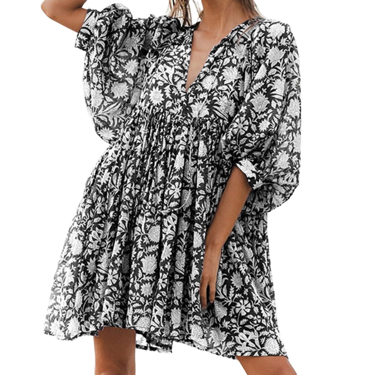 GIOIO - Vestido Estampado Fluido Lazos Diseñador Retro Urbano Figura Esbelta​