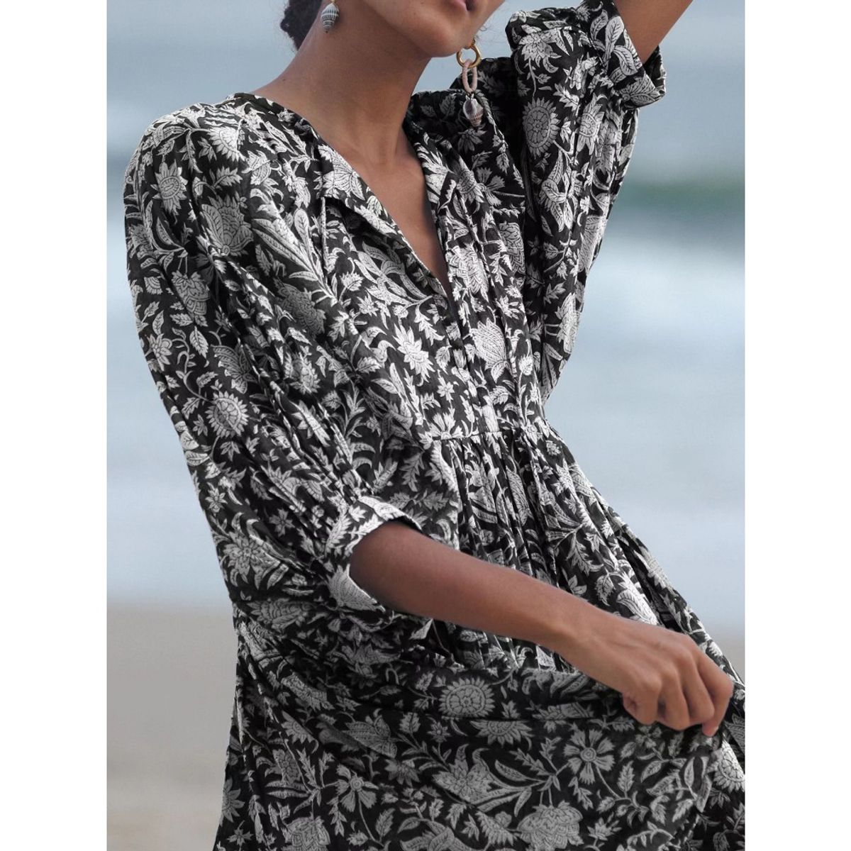 GIOIO - Vestido Estampado Fluido Lazos Diseñador Retro Urbano Figura Esbelta​