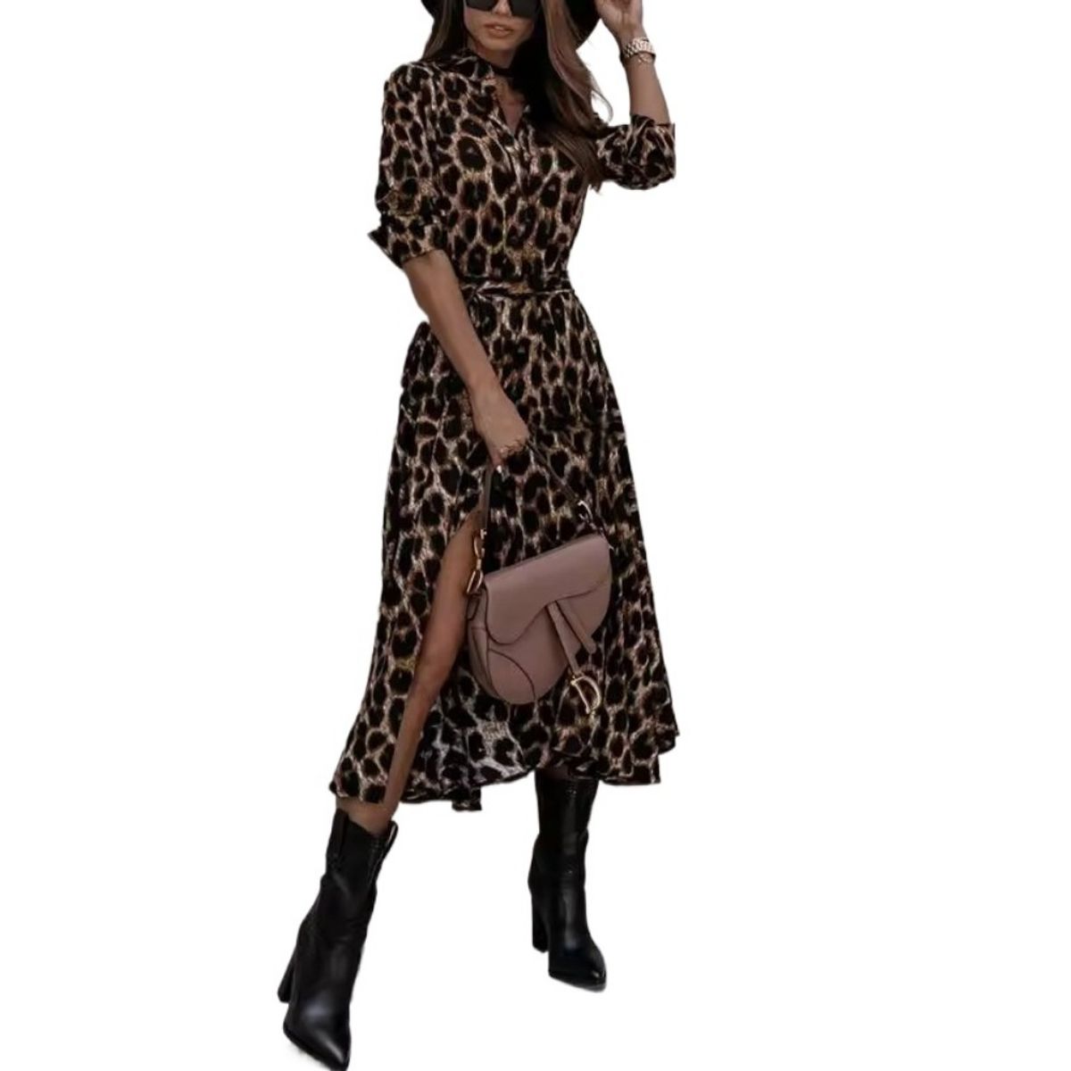 GIOIO - Vestido Leopardo Manga Larga Figura Esbelta Urbano​ Negro