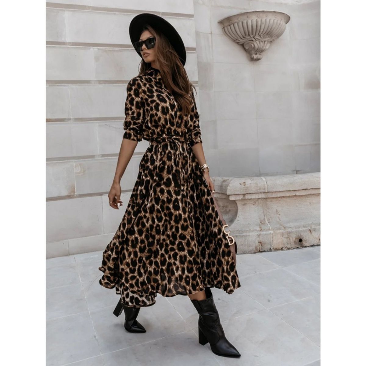 GIOIO - Vestido Leopardo Manga Larga Figura Esbelta Urbano​ Negro