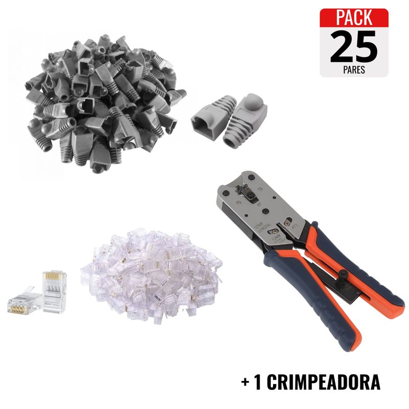 GENERICO - Kit Crimpeadora Rj45 + 25 Capuchones + 25 Conectores Cat 5e