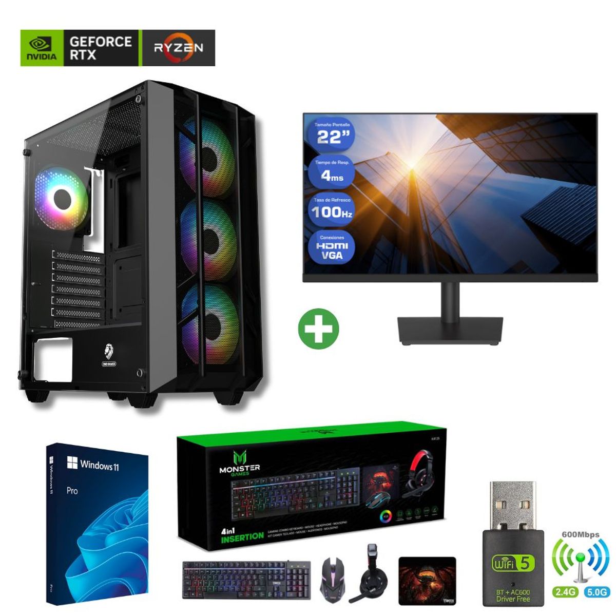 AMD CORP - Pc Gamer AMD Ryzen 5 5500 - 32GB RAM - RTX 3050 - 2TB - Wifi (Monitor 22") PRO