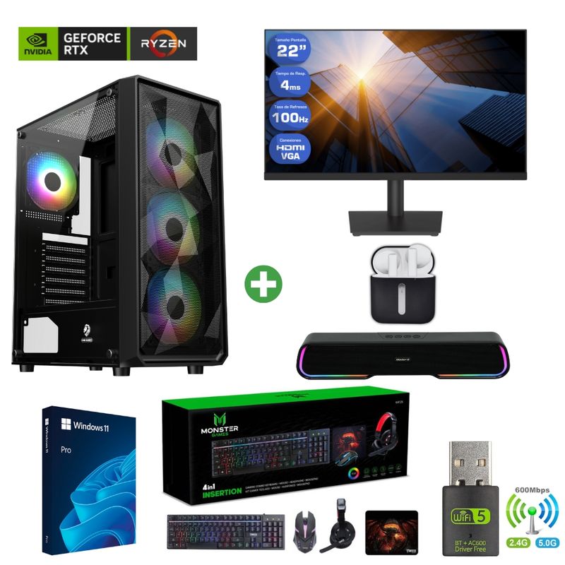 AMD CORP - Pc Gamer AMD 5 5500 - 32GB - RTX 3050 - 2TB (Monitor 22" + Parlante + HP) PELU