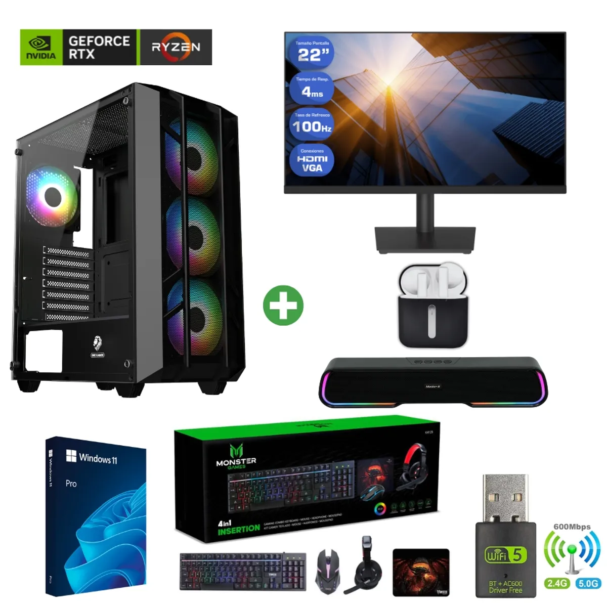 AMD CORP - Pc Gamer AMD 5 5500 - 32GB - RTX 3050 - 2TB (Monitor 22" + Parlante + HP) PRO