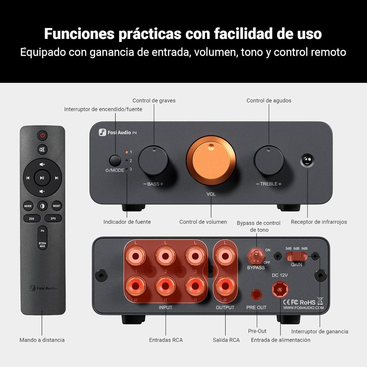 MCI - Preamplificador de Sonido Fosi Audio P4 Mini RCA y Sub Out
