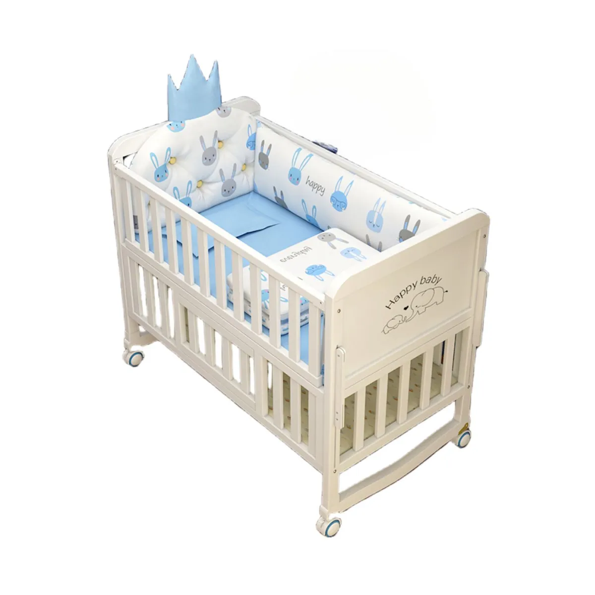 BABYLUNA - Cama Madera Multifuncional con Colchón y Ropa Cama Celeste