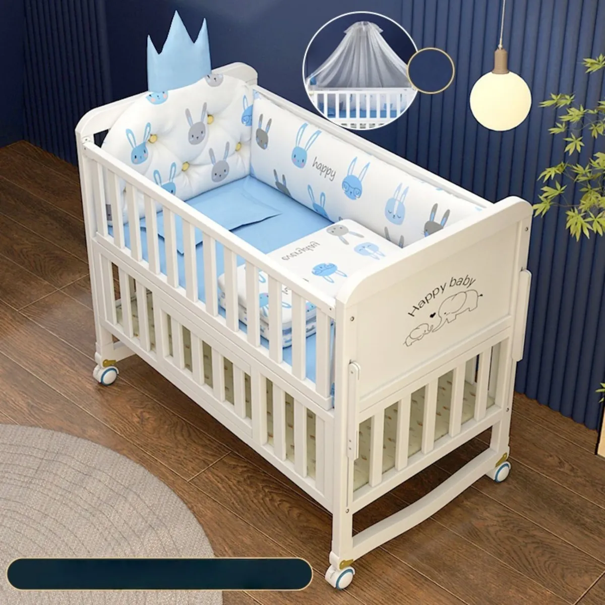 BABYLUNA - Cama Madera Multifuncional con Colchón y Ropa Cama Celeste