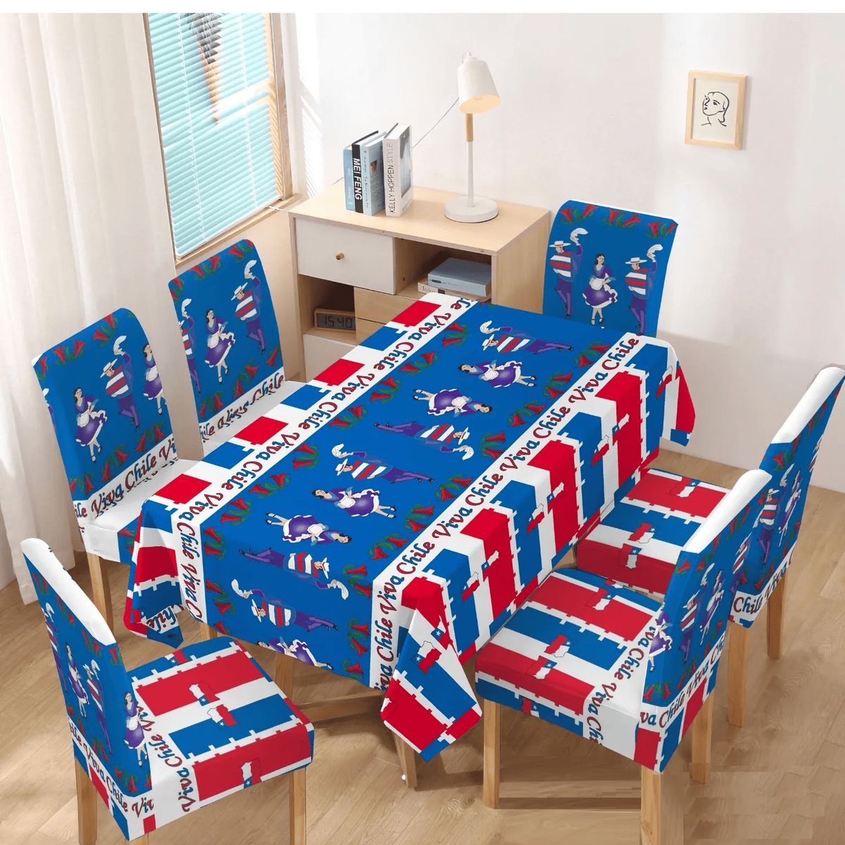 GENERICO - MANTEL Y 6 FUNDAS PARA SILLAS DISEÑO FECHAS PATRIAS